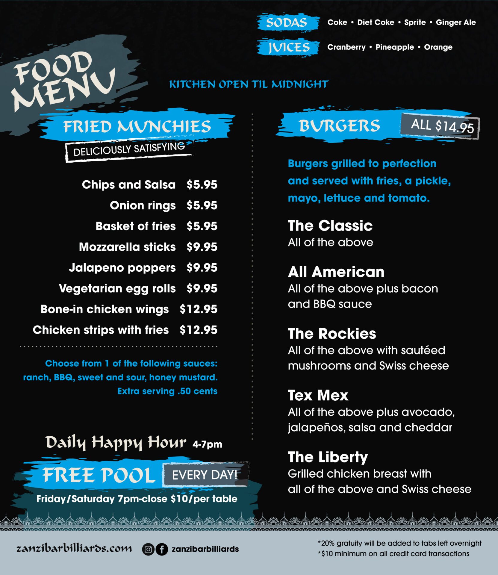 A menu of food with two different types of drinks.