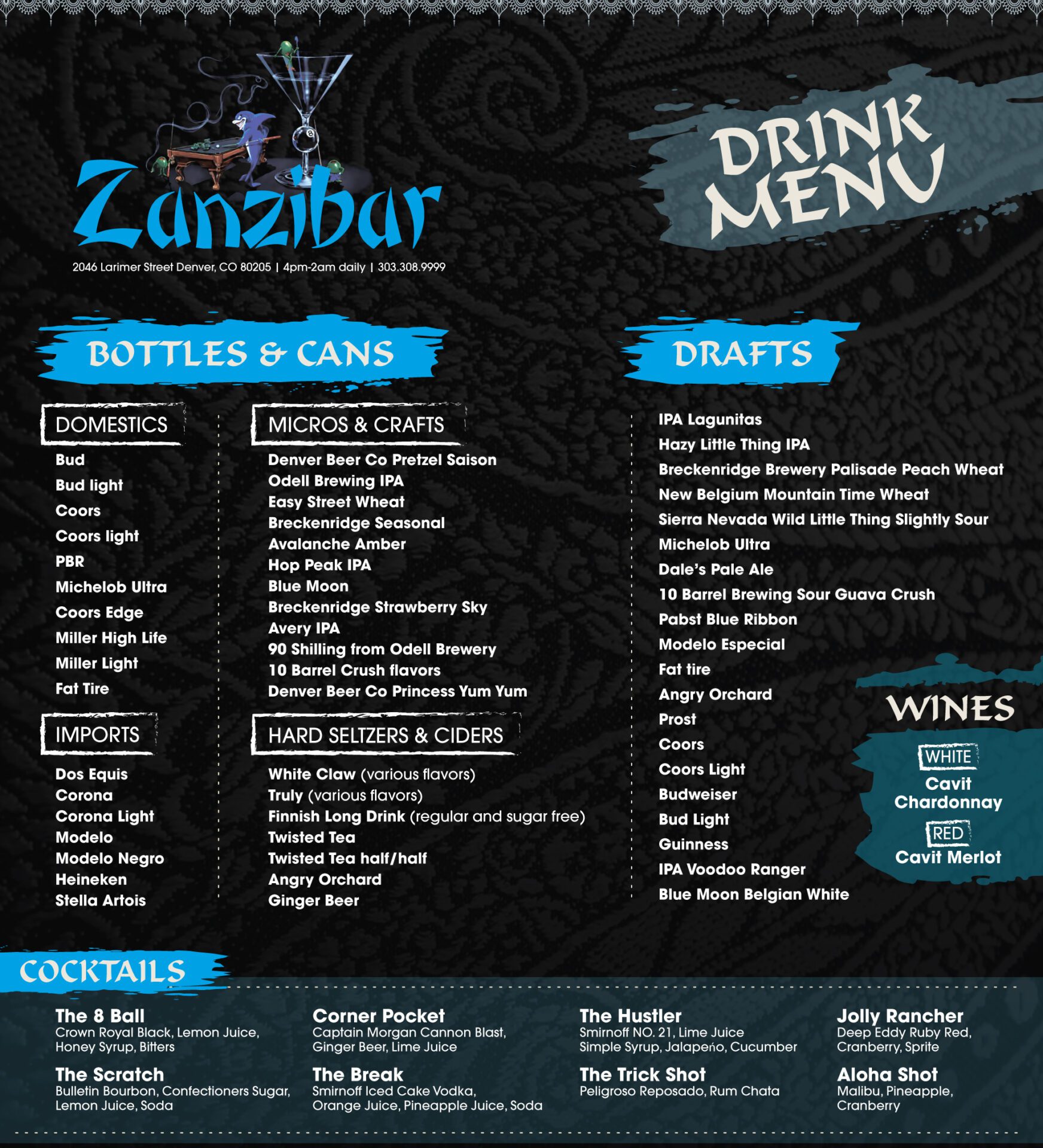 A menu of zunzbar, with drinks and drafts.